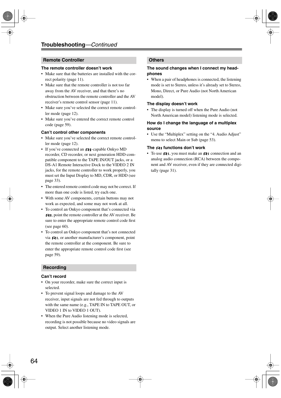 Troubleshooting —continued | Onkyo TX-SR8450 User Manual | Page 64 / 80