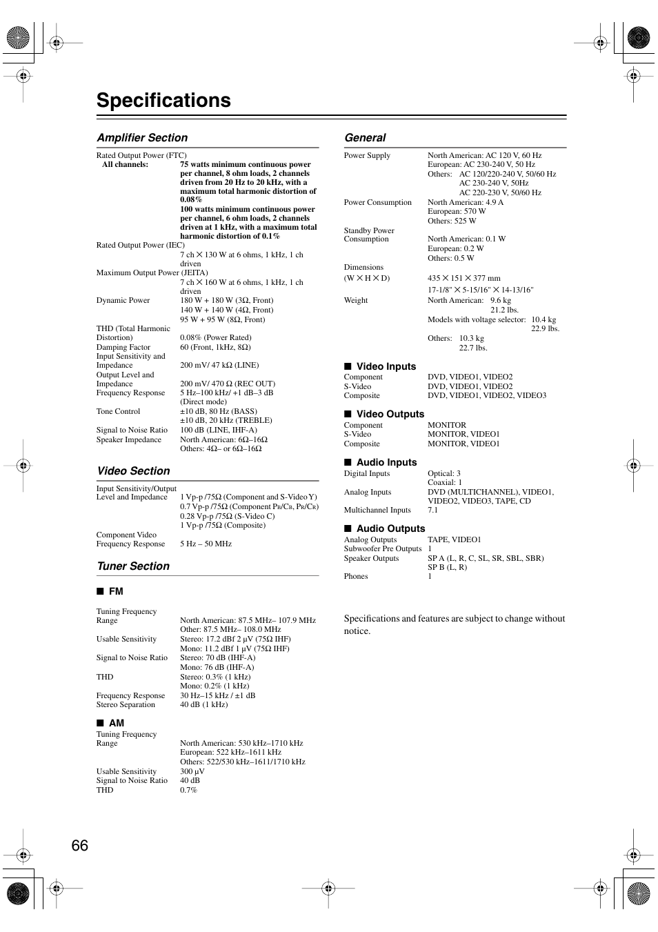 Specifications | Onkyo TX-SR8450 User Manual | Page 66 / 80