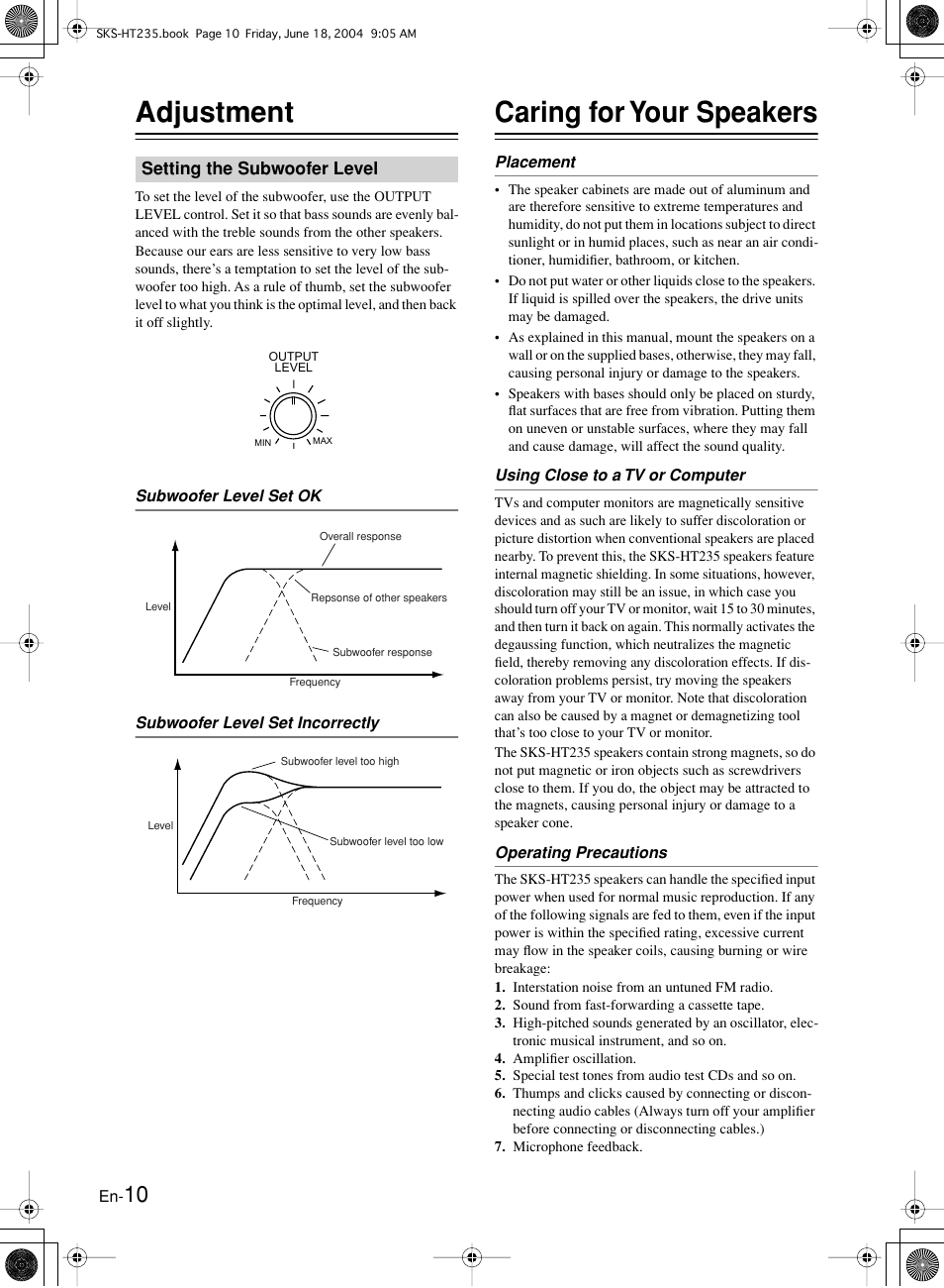 Adjustment, Caring for your speakers | Onkyo SKS-HT235 User Manual | Page 10 / 24