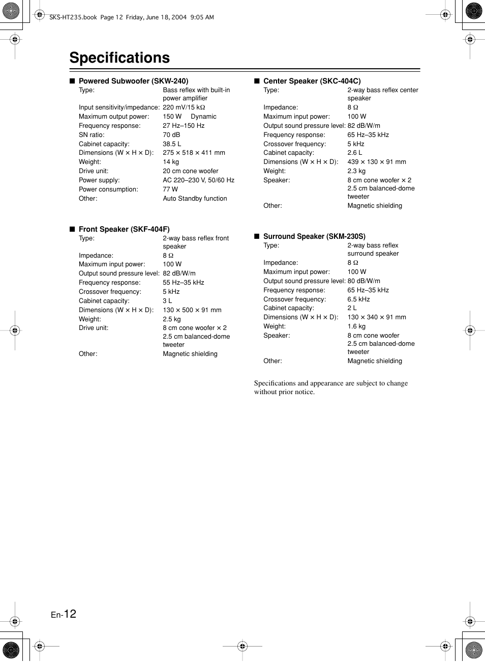 Specifications | Onkyo SKS-HT235 User Manual | Page 12 / 24
