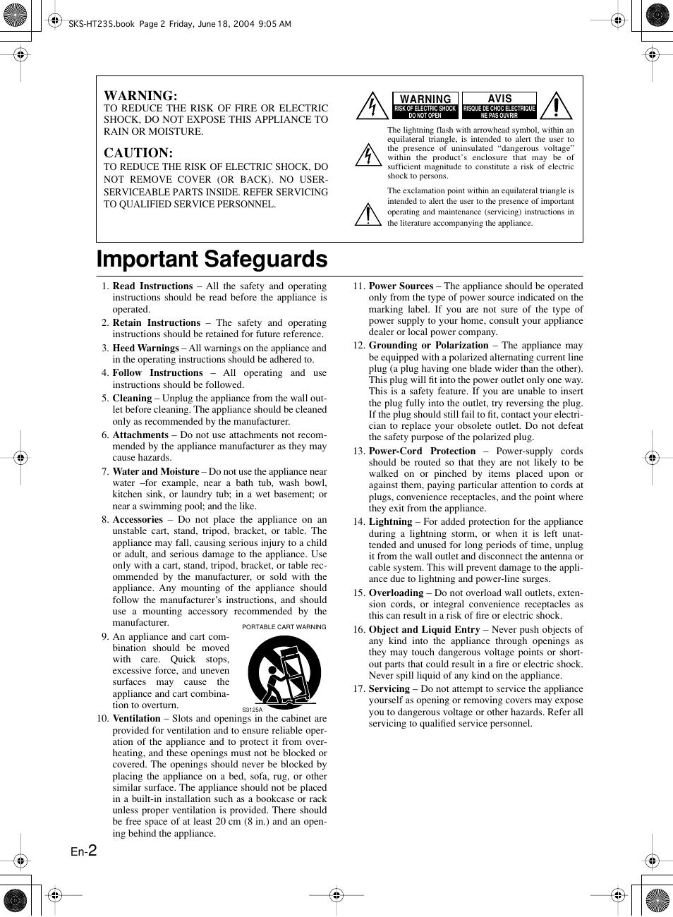 Important safeguards, Warning, Caution | Onkyo SKS-HT235 User Manual | Page 2 / 24