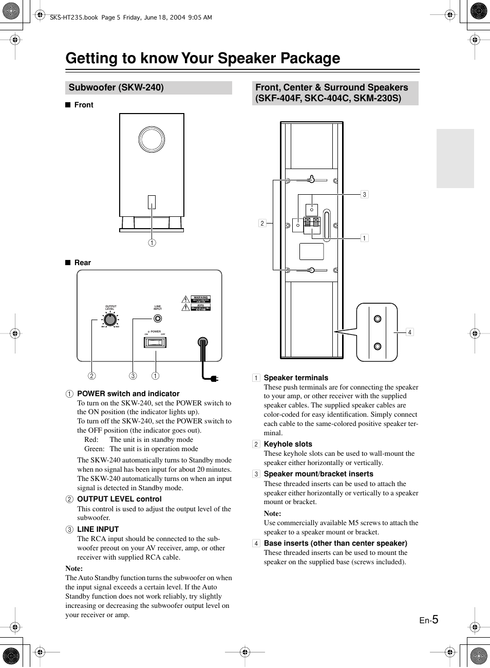 Getting to know your speaker package | Onkyo SKS-HT235 User Manual | Page 5 / 24