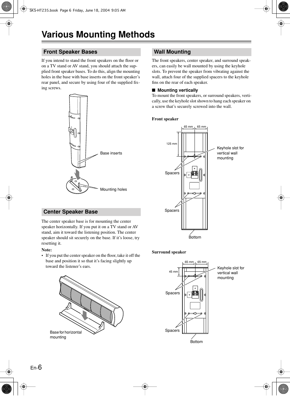 Various mounting methods | Onkyo SKS-HT235 User Manual | Page 6 / 24