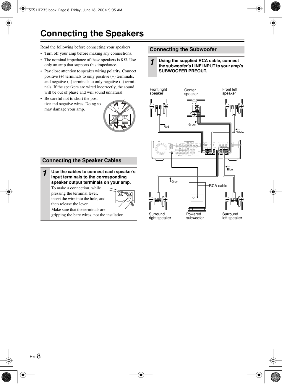 Connecting the speakers, Connecting the speaker cables, Connecting the subwoofer | Fm 75, Pb pr, Line input | Onkyo SKS-HT235 User Manual | Page 8 / 24
