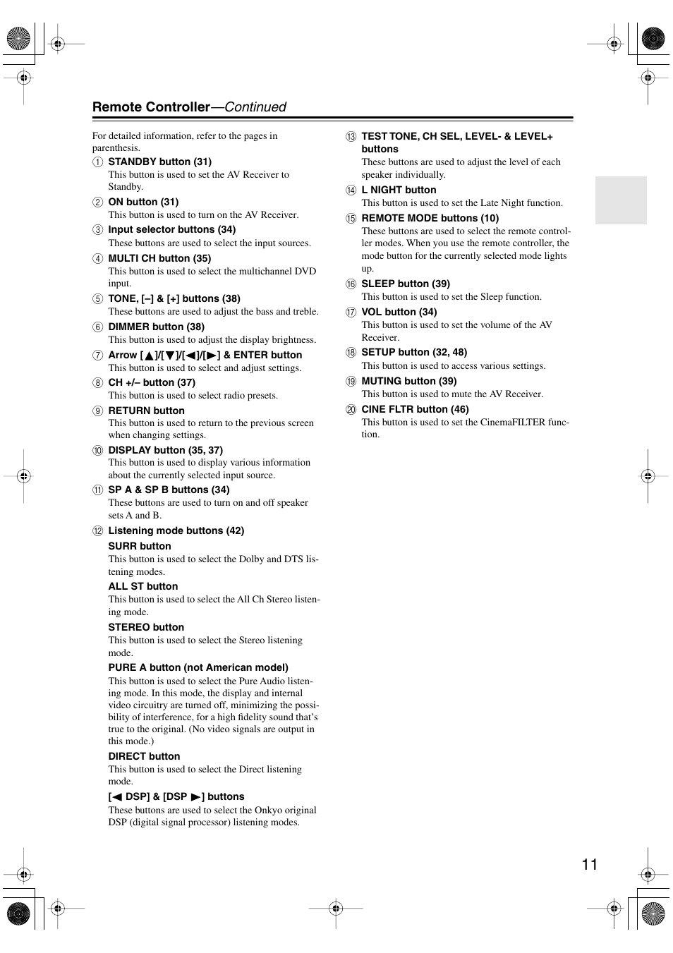 Remote controller —continued | Onkyo TX-SR502 User Manual | Page 11 / 60