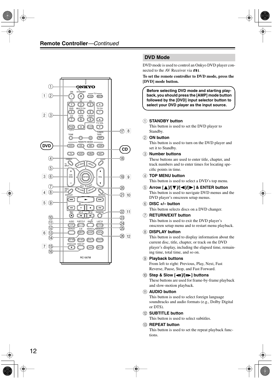 Remote controller —continued | Onkyo TX-SR502 User Manual | Page 12 / 60