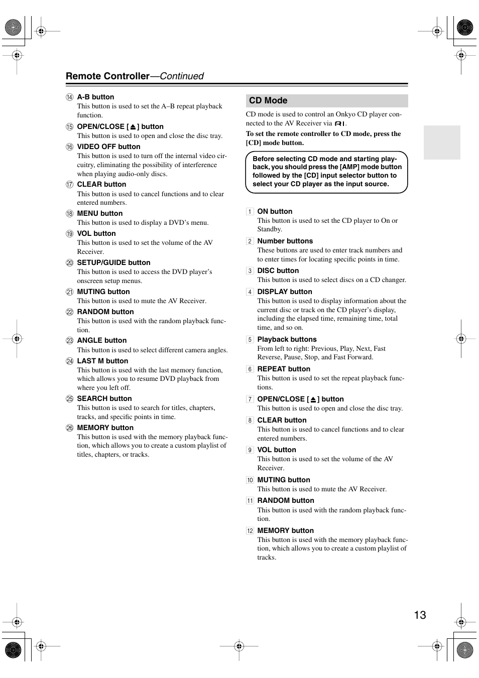 Remote controller —continued | Onkyo TX-SR502 User Manual | Page 13 / 60