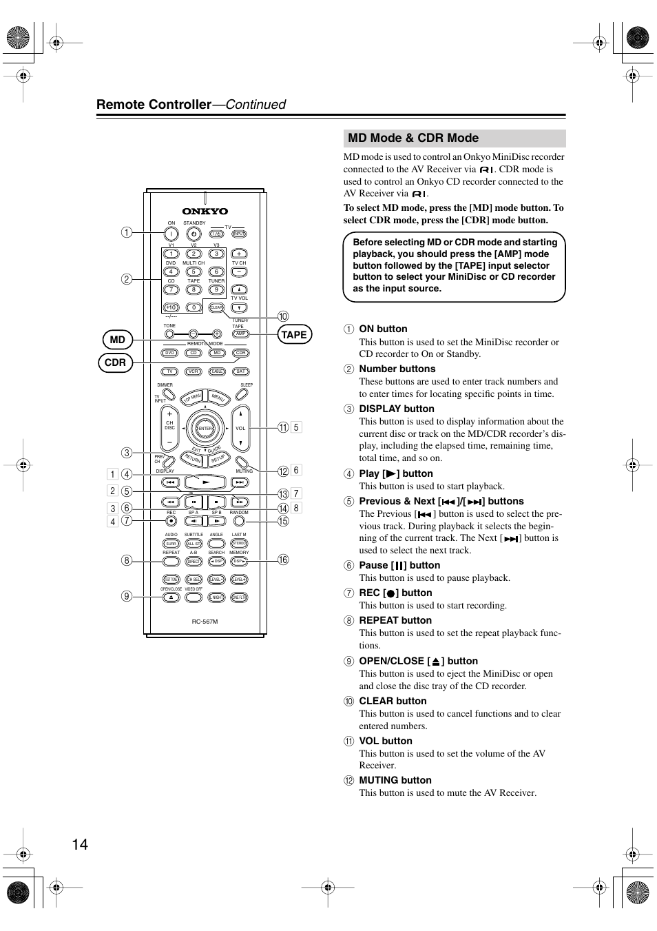 Remote controller —continued, Md mode & cdr mode | Onkyo TX-SR502 User Manual | Page 14 / 60