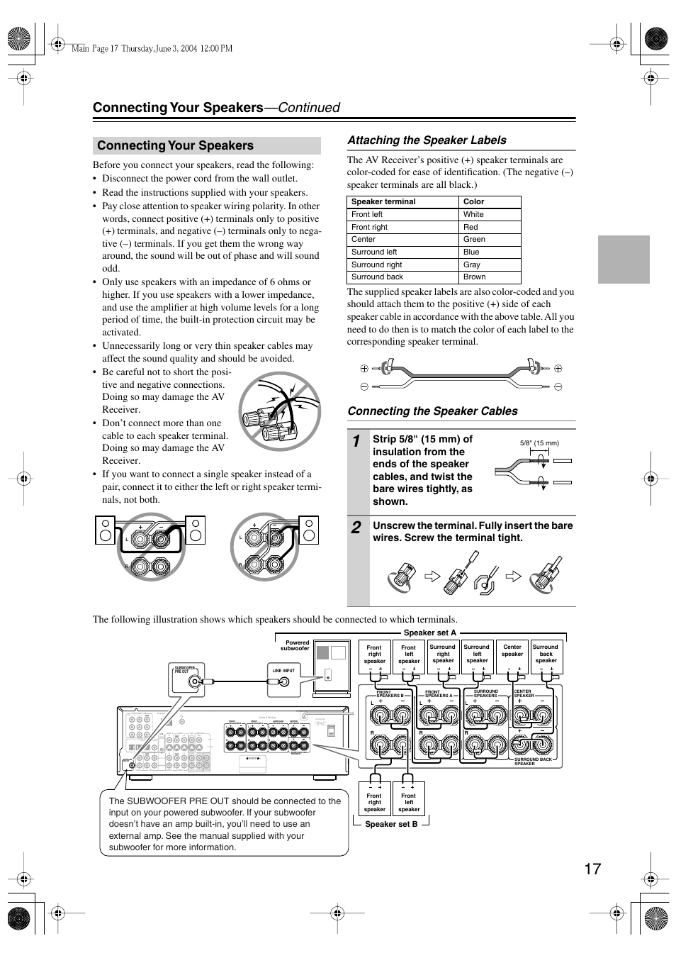 Connecting your speakers —continued, Connecting your speakers, Attaching the speaker labels | Connecting the speaker cables, Line input | Onkyo TX-SR502 User Manual | Page 17 / 60