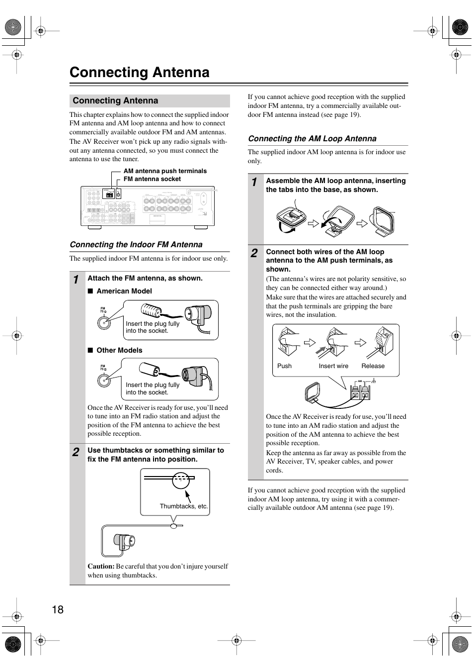 Connecting antenna, Connecting the indoor fm antenna, Connecting the am loop antenna | Onkyo TX-SR502 User Manual | Page 18 / 60