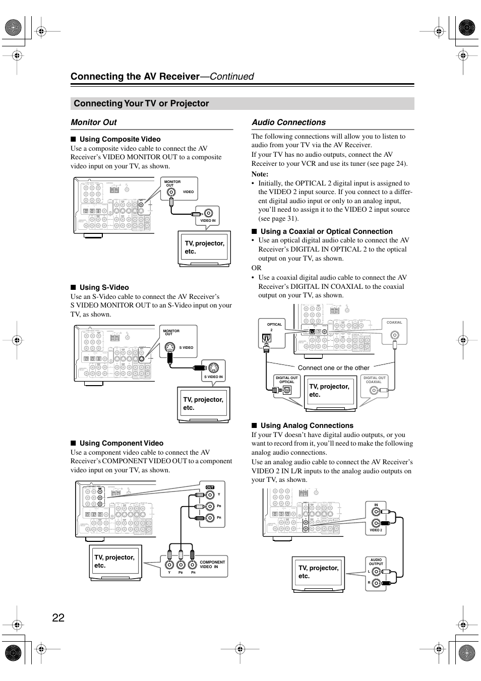 Connecting the av receiver —continued, Connecting your tv or projector, Monitor out | Audio connections, Tv, projector, etc, Tv, projector, etc. connect one or the other | Onkyo TX-SR502 User Manual | Page 22 / 60