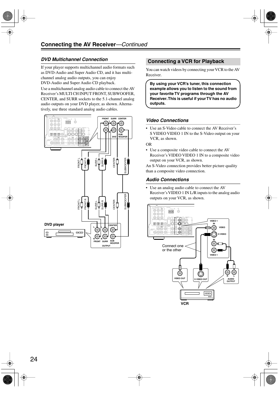 Connecting the av receiver —continued, Connecting a vcr for playback, Dvd multichannel connection | Video connections, Audio connections, Dvd player, Vcr connect one or the other | Onkyo TX-SR502 User Manual | Page 24 / 60