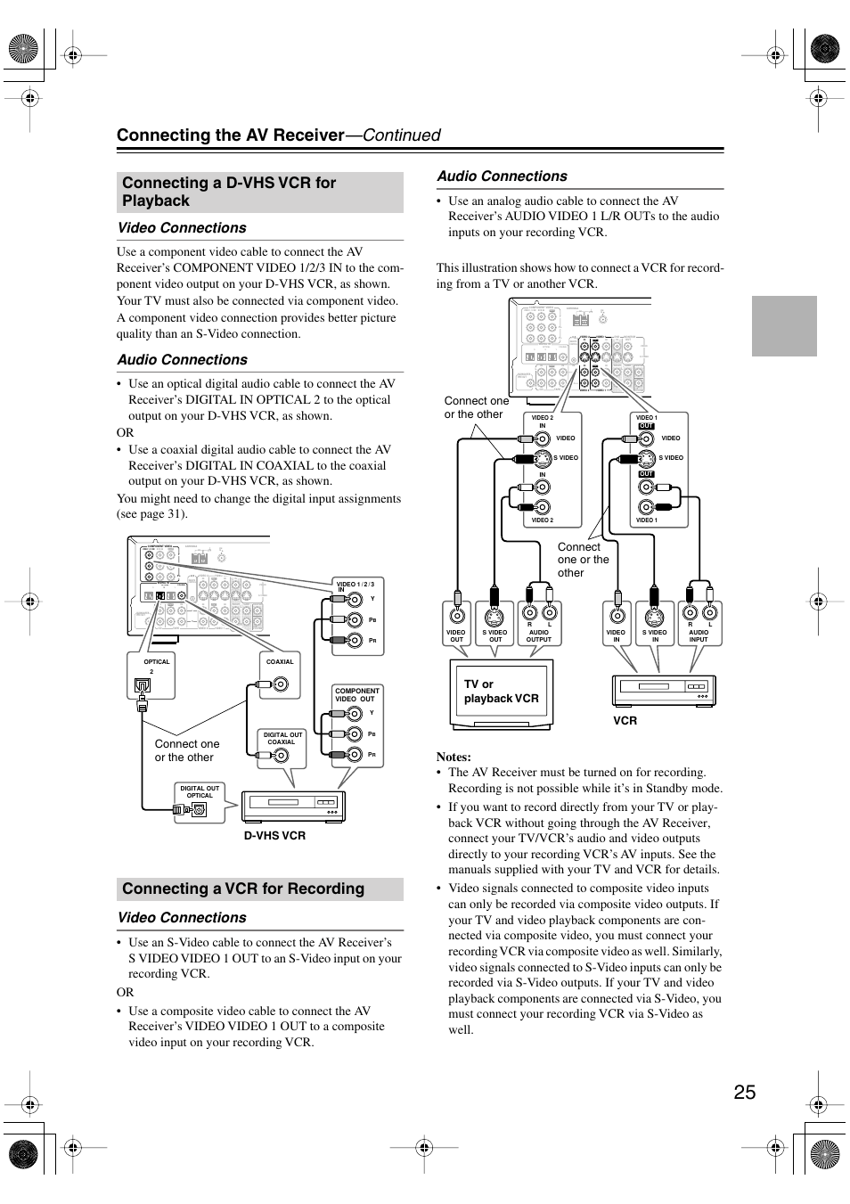 Connecting the av receiver —continued, Video connections, Audio connections | D-vhs vcr connect one or the other | Onkyo TX-SR502 User Manual | Page 25 / 60