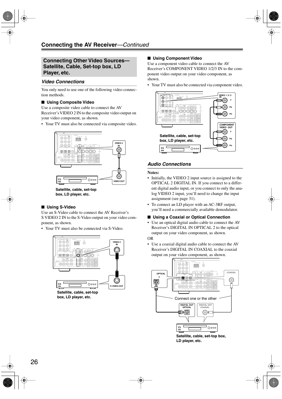 Connecting the av receiver —continued, Video connections, Audio connections | Satellite, cable, set-top box, ld player, etc | Onkyo TX-SR502 User Manual | Page 26 / 60
