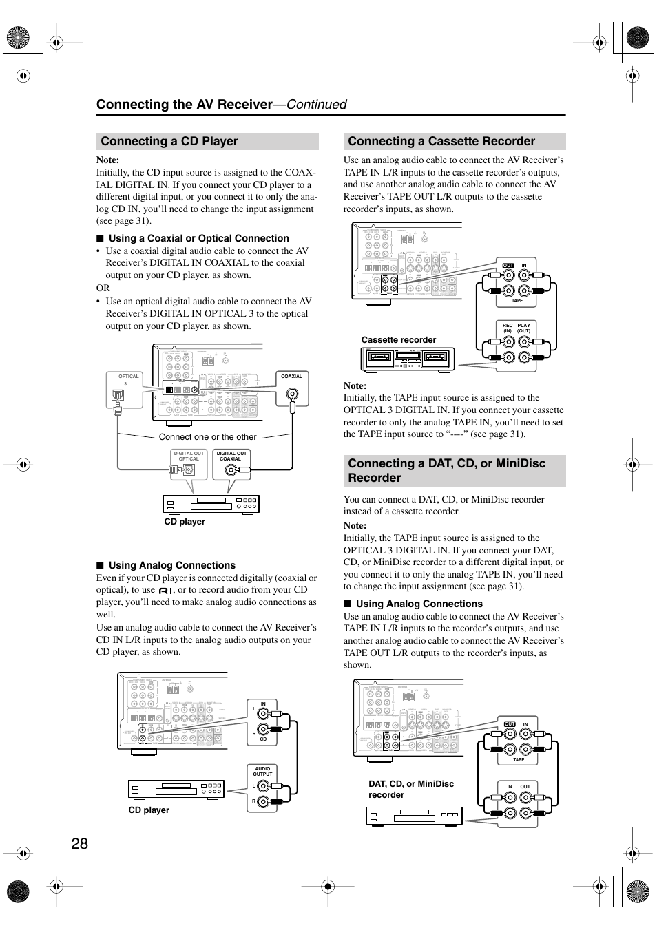 Connecting the av receiver —continued, Connecting a cd player, Cd player connect one or the other | Cd player, Cassette recorder, Dat, cd, or minidisc recorder | Onkyo TX-SR502 User Manual | Page 28 / 60