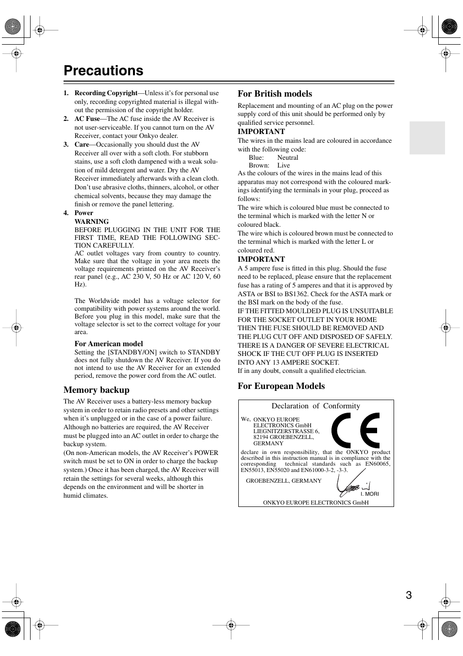 Precautions, For british models, For european models | Onkyo TX-SR502 User Manual | Page 3 / 60