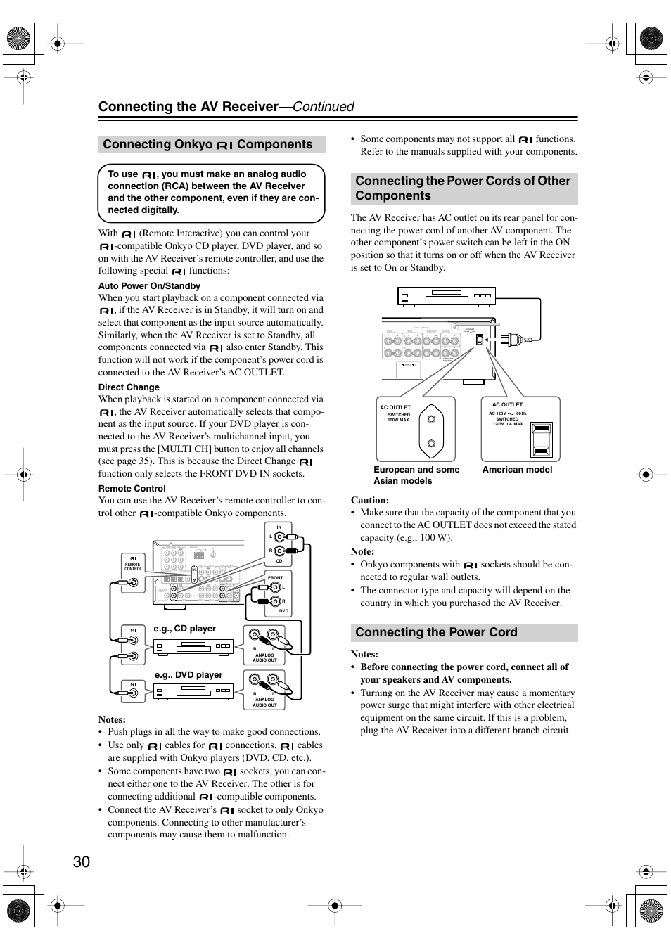 Connecting the av receiver —continued, Connecting onkyo components, Video s video | Video 1, Dvd in, Rout | Onkyo TX-SR502 User Manual | Page 30 / 60