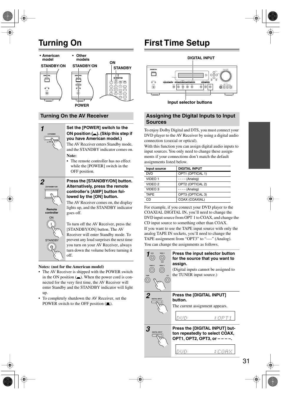 Turning on, First time setup, Turning on the av receiver | Assigning the digital inputs to input sources | Onkyo TX-SR502 User Manual | Page 31 / 60