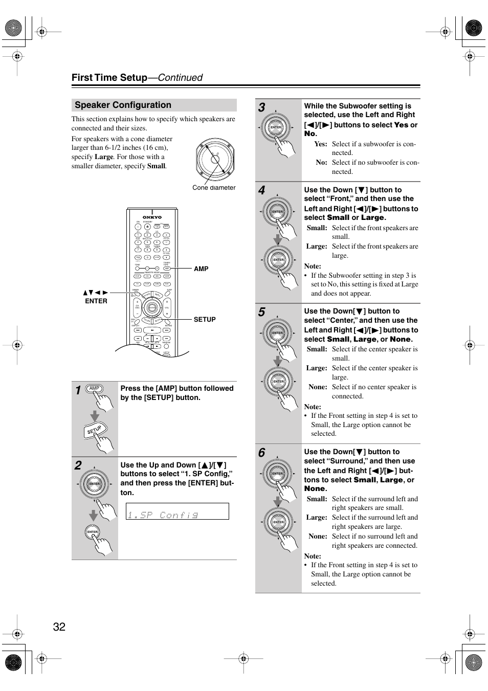 First time setup —continued, Speaker configuration | Onkyo TX-SR502 User Manual | Page 32 / 60