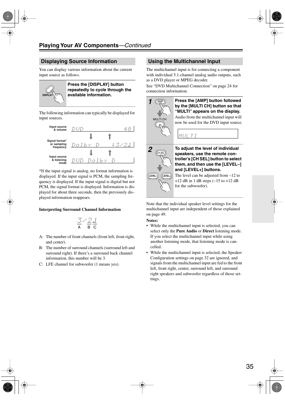 Playing your av components —continued | Onkyo TX-SR502 User Manual | Page 35 / 60