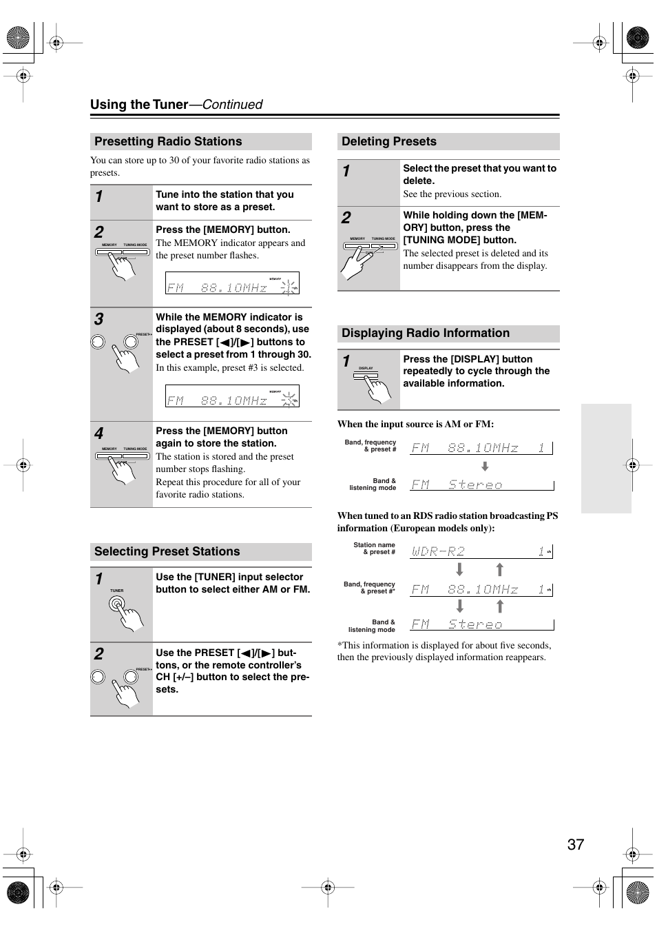 Using the tuner —continued | Onkyo TX-SR502 User Manual | Page 37 / 60