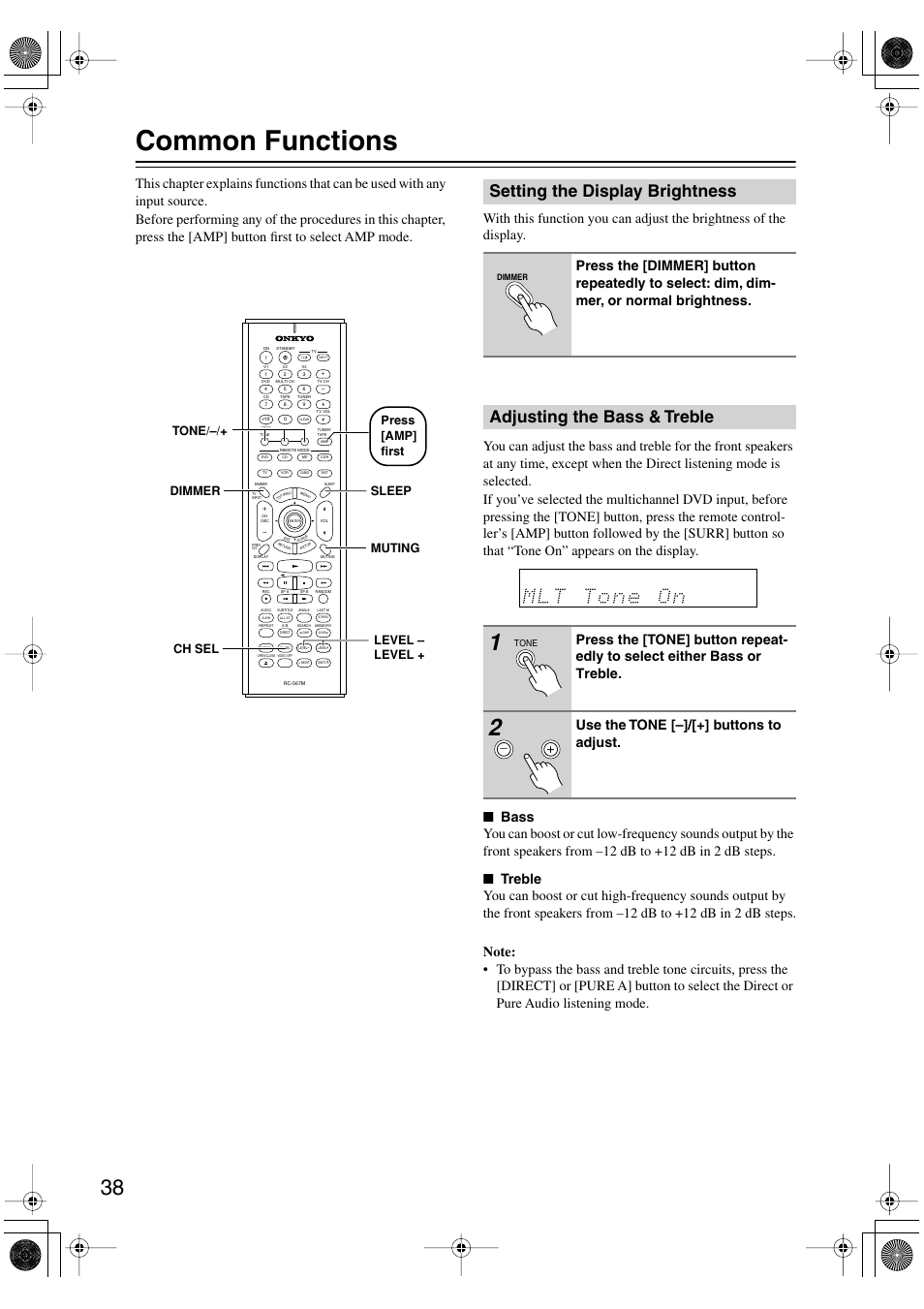 Common functions, Setting the display brightness, Adjusting the bass & treble | Use the tone [–]/[+] buttons to adjust | Onkyo TX-SR502 User Manual | Page 38 / 60