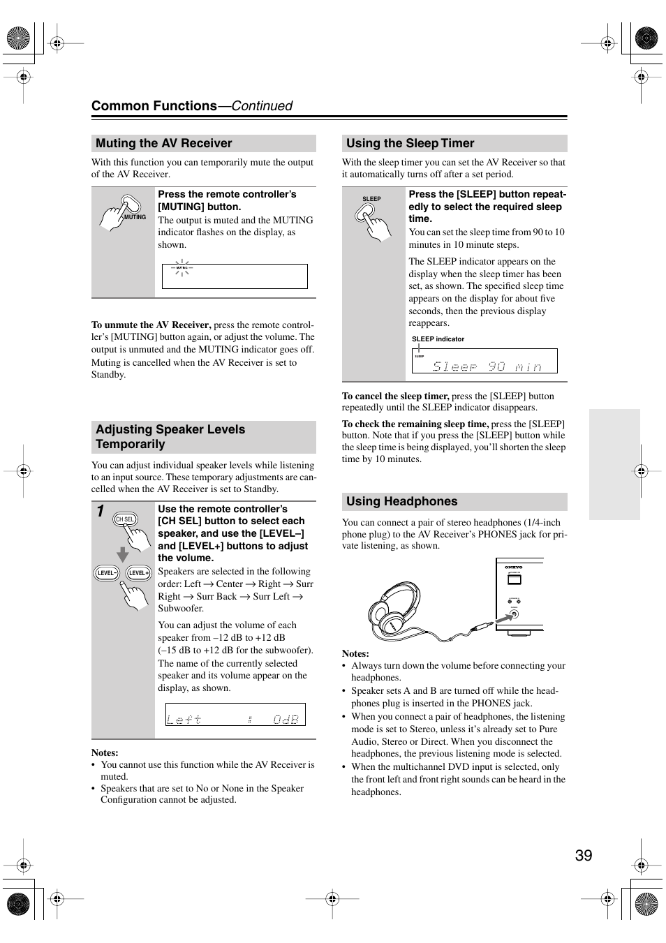 Common functions —continued | Onkyo TX-SR502 User Manual | Page 39 / 60