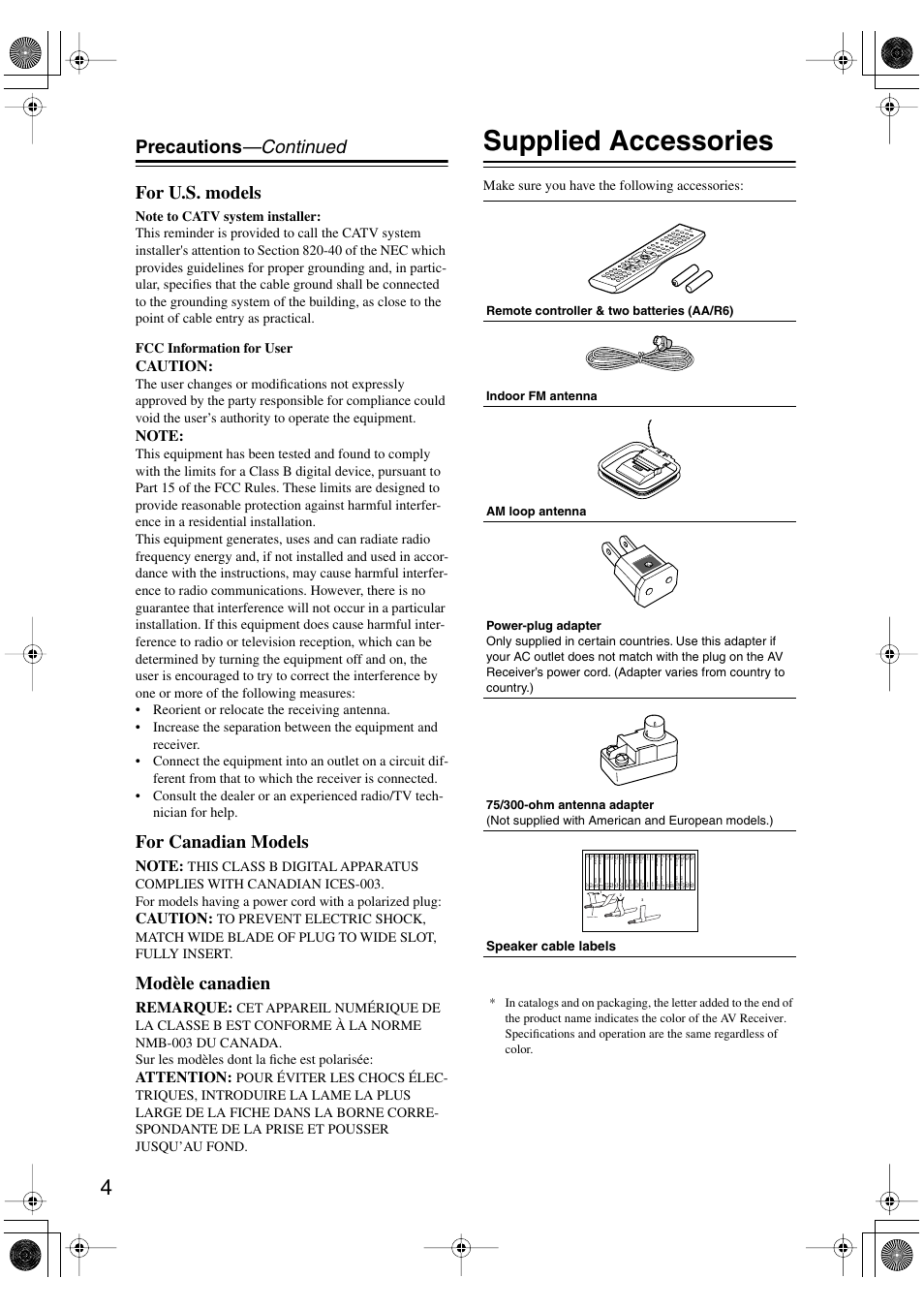 Supplied accessories, Precautions —continued for u.s. models, For canadian models | Modèle canadien, Caution, Remarque, Attention, Make sure you have the following accessories, Speaker cable, Speaker cable labels | Onkyo TX-SR502 User Manual | Page 4 / 60