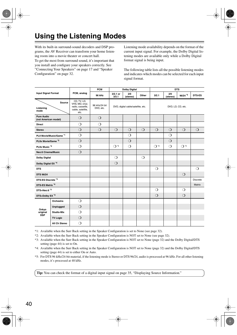 Using the listening modes | Onkyo TX-SR502 User Manual | Page 40 / 60