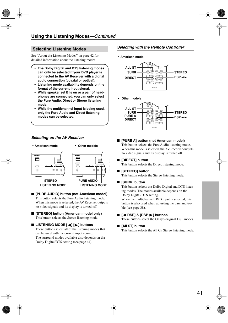 Using the listening modes —continued, Selecting listening modes, Selecting on the av receiver | Selecting with the remote controller, Video dvd video, Video, Dvd video, Vcr multi ch speakers b a | Onkyo TX-SR502 User Manual | Page 41 / 60