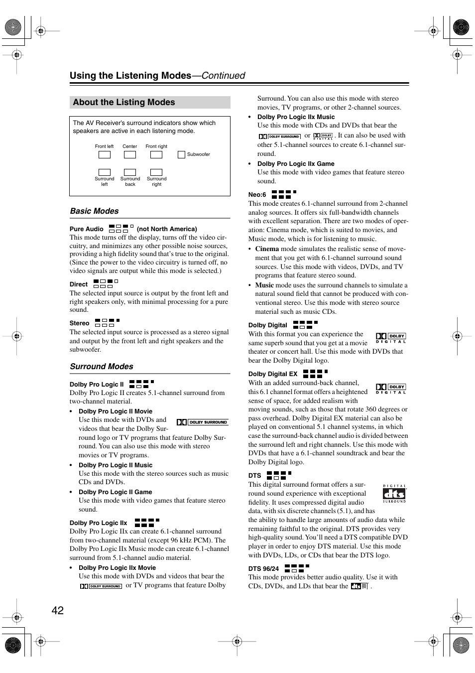 Using the listening modes —continued, About the listing modes | Onkyo TX-SR502 User Manual | Page 42 / 60