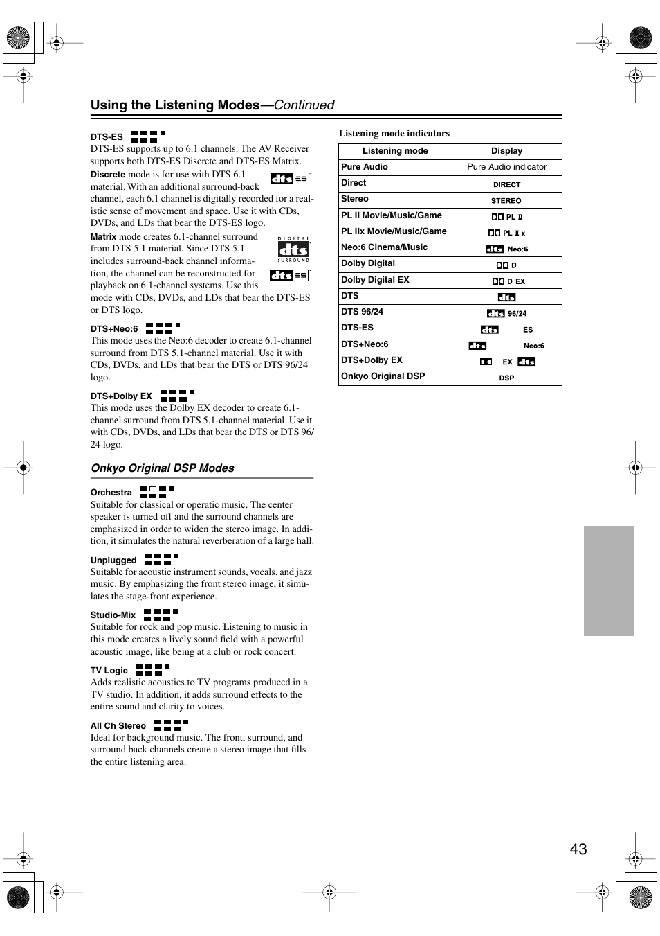 Using the listening modes —continued | Onkyo TX-SR502 User Manual | Page 43 / 60