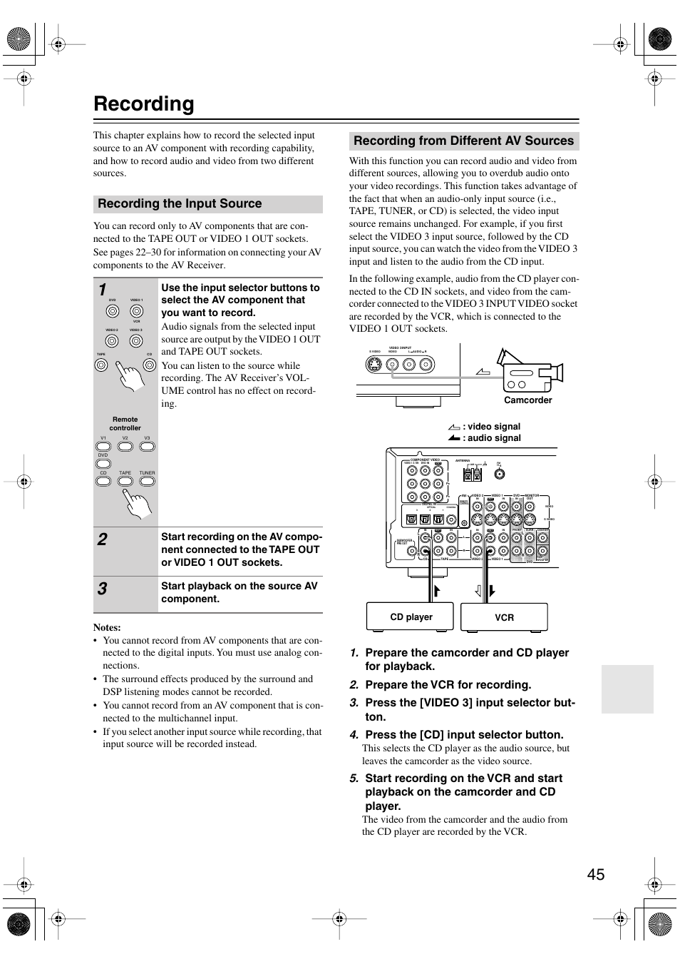 Recording, Recording the input source, Recording from different av sources | Start playback on the source av component | Onkyo TX-SR502 User Manual | Page 45 / 60