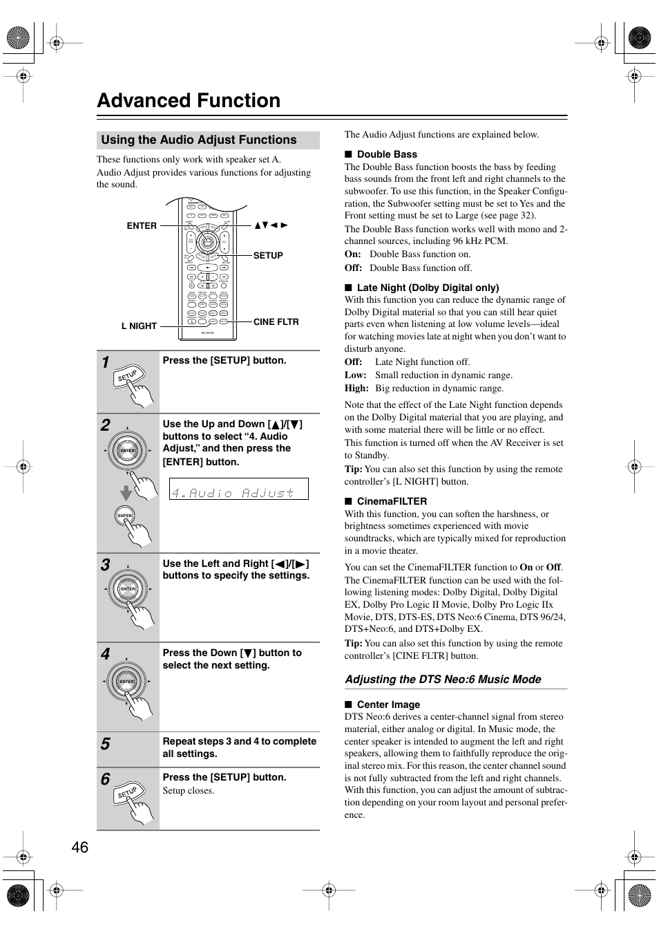 Advanced function, Using the audio adjust functions, Adjusting the dts neo:6 music mode | Press the [setup] button, Repeat steps 3 and 4 to complete all settings, Press the [setup] button. setup closes | Onkyo TX-SR502 User Manual | Page 46 / 60