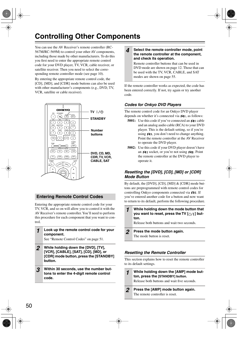 Controlling other components, Entering remote control codes, Codes for onkyo dvd players | Resetting the remote controller | Onkyo TX-SR502 User Manual | Page 50 / 60