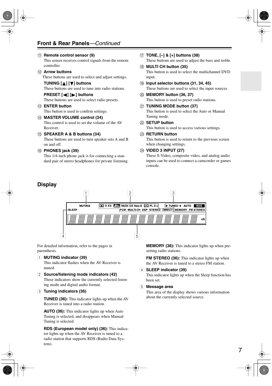 Front & rear panels —continued, Display | Onkyo TX-SR502 User Manual | Page 7 / 60