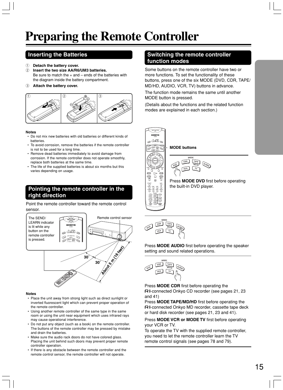 Preparing the remote controller, Inserting the batteries, Switching the remote controller function modes | Onkyo DR-S2.2 User Manual | Page 15 / 88