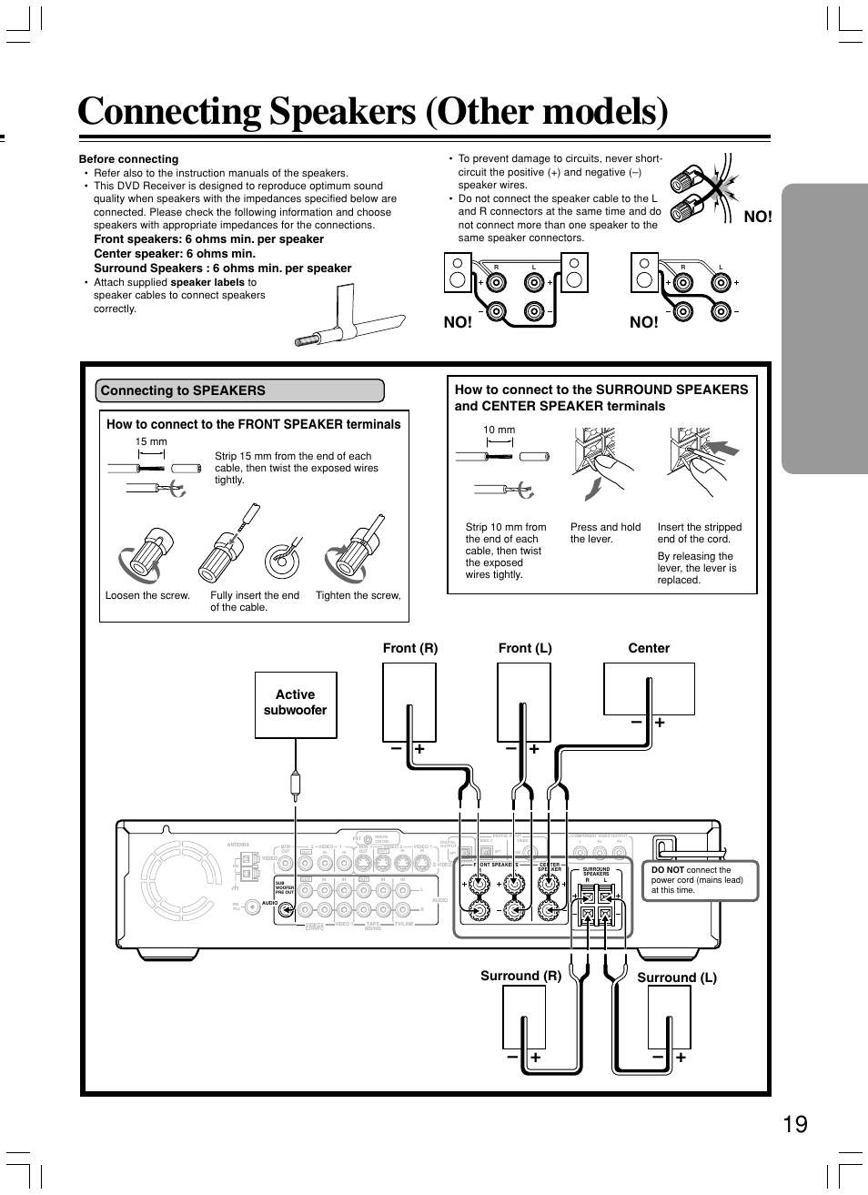 Connecting speakers (other models), Front (r) front (l) center surround (r), How to connect to the front speaker terminals | Onkyo DR-S2.2 User Manual | Page 19 / 88