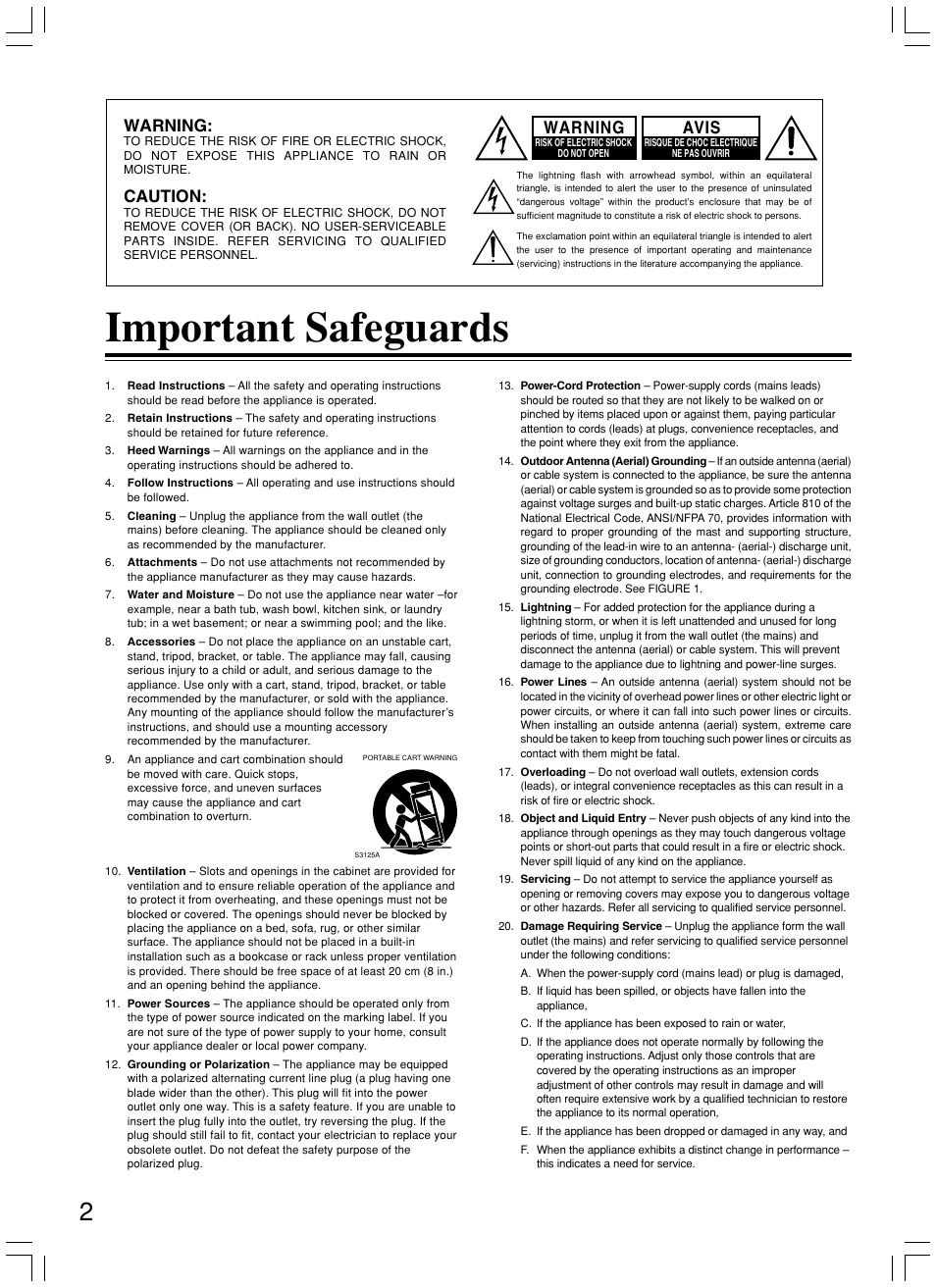 Important safeguards, Warning, Caution | Avis | Onkyo DR-S2.2 User Manual | Page 2 / 88