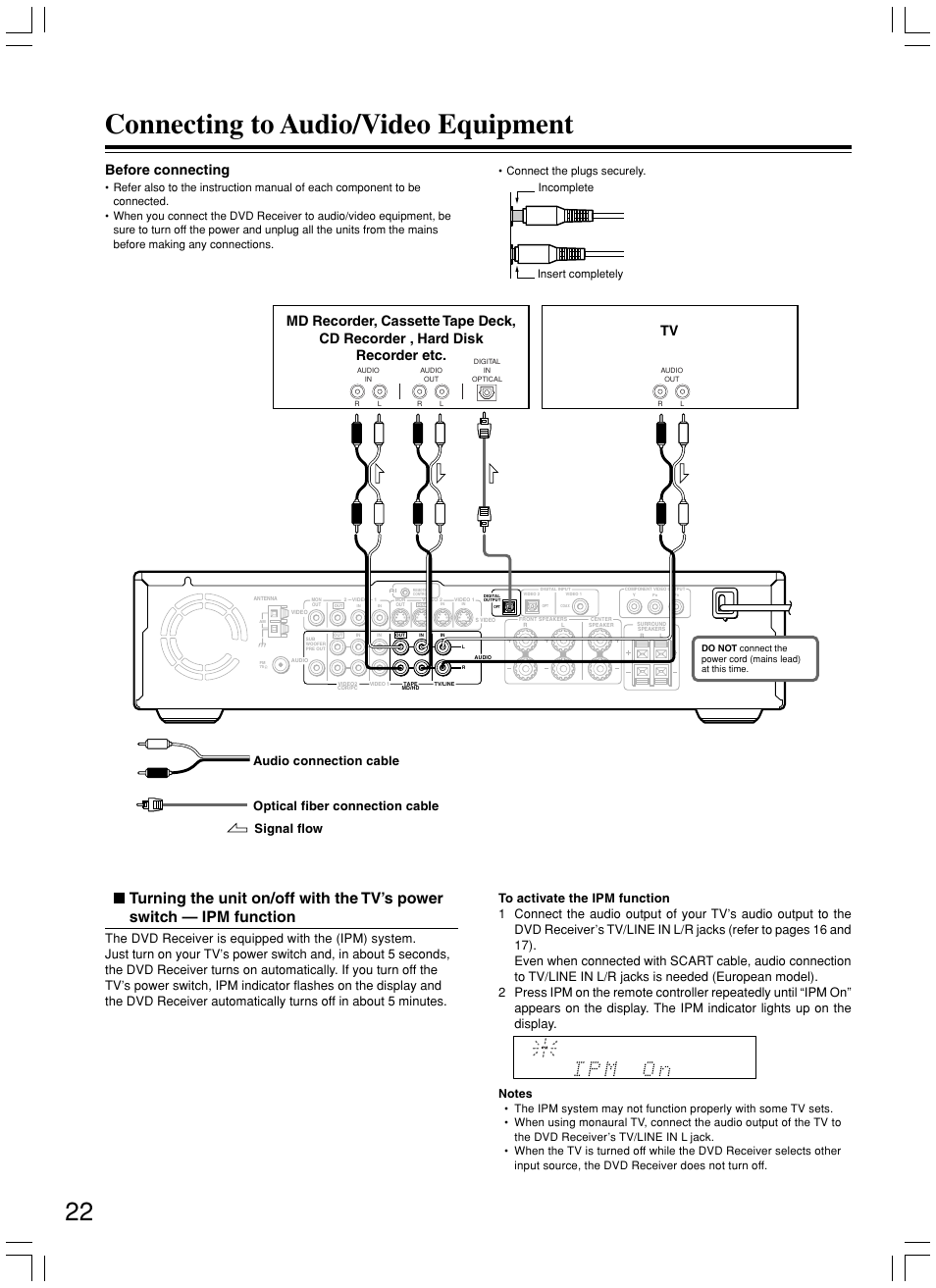 Connecting to audio/video equipment, Before connecting, Audio connection cable signal flow | Connect the plugs securely | Onkyo DR-S2.2 User Manual | Page 22 / 88