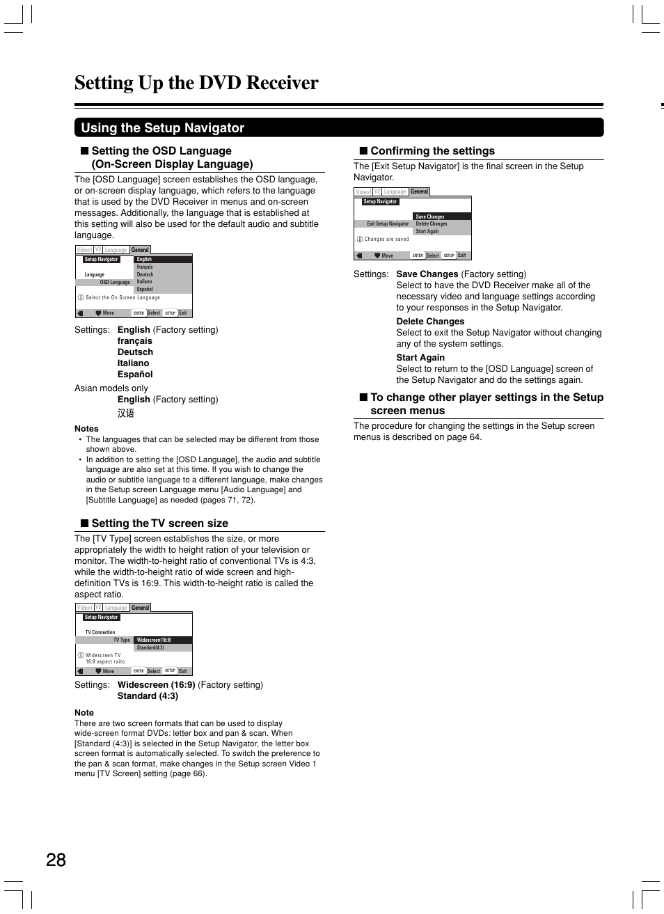 Setting up the dvd receiver, Using the setup navigator, Setting the tv screen size | Confirming the settings | Onkyo DR-S2.2 User Manual | Page 28 / 88