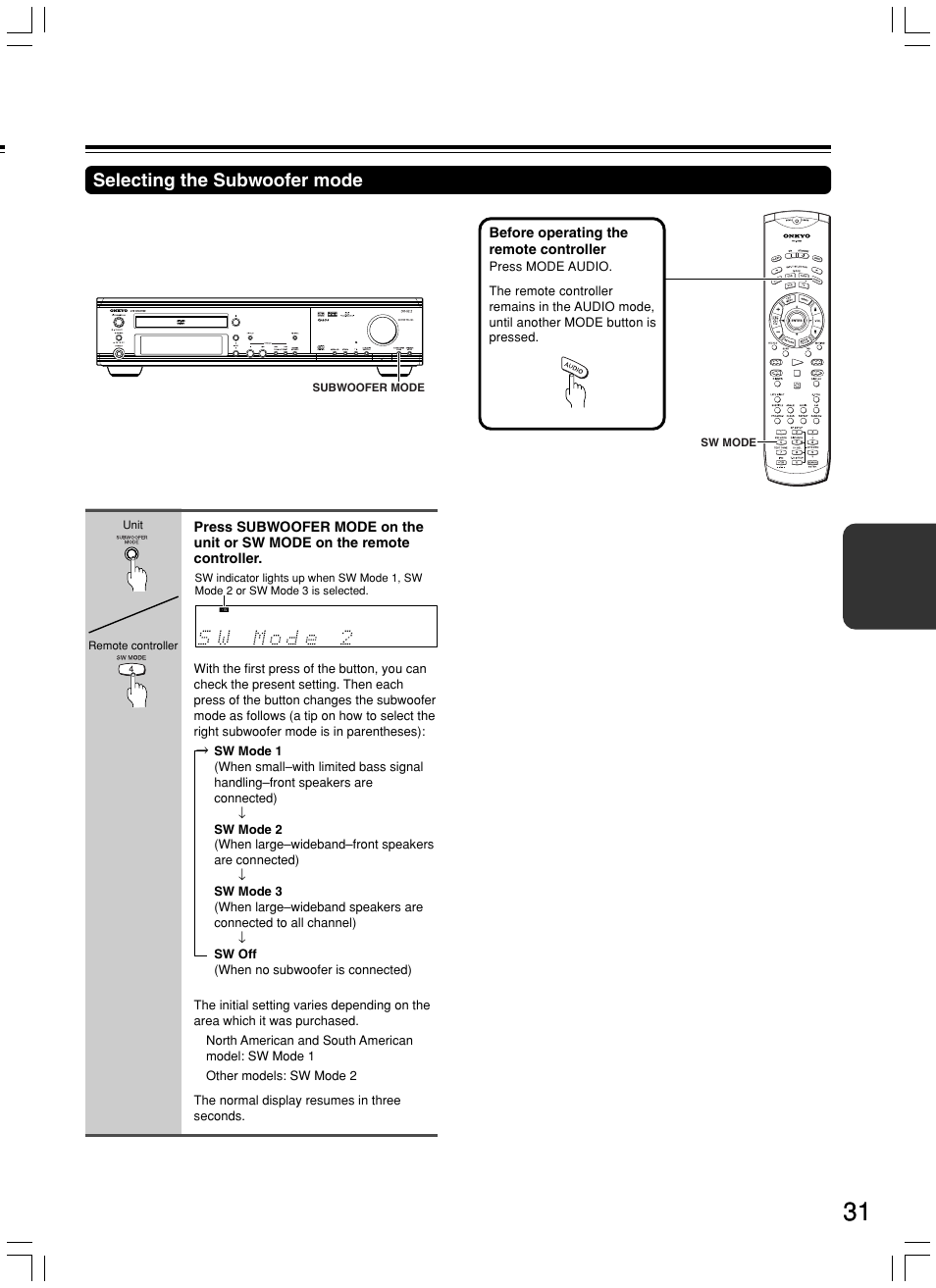 Selecting the subwoofer mode | Onkyo DR-S2.2 User Manual | Page 31 / 88