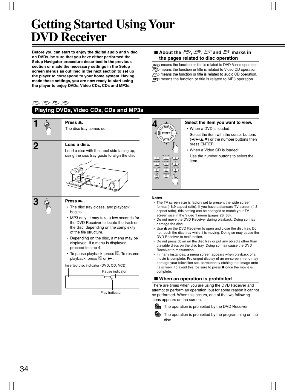 Getting started using your dvd receiver, Playing dvds, video cds, cds and mp3s | Onkyo DR-S2.2 User Manual | Page 34 / 88