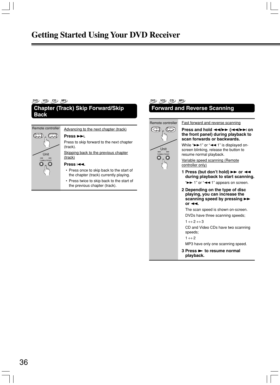 Getting started using your dvd receiver, Chapter (track) skip forward/skip back, Forward and reverse scanning | Onkyo DR-S2.2 User Manual | Page 36 / 88