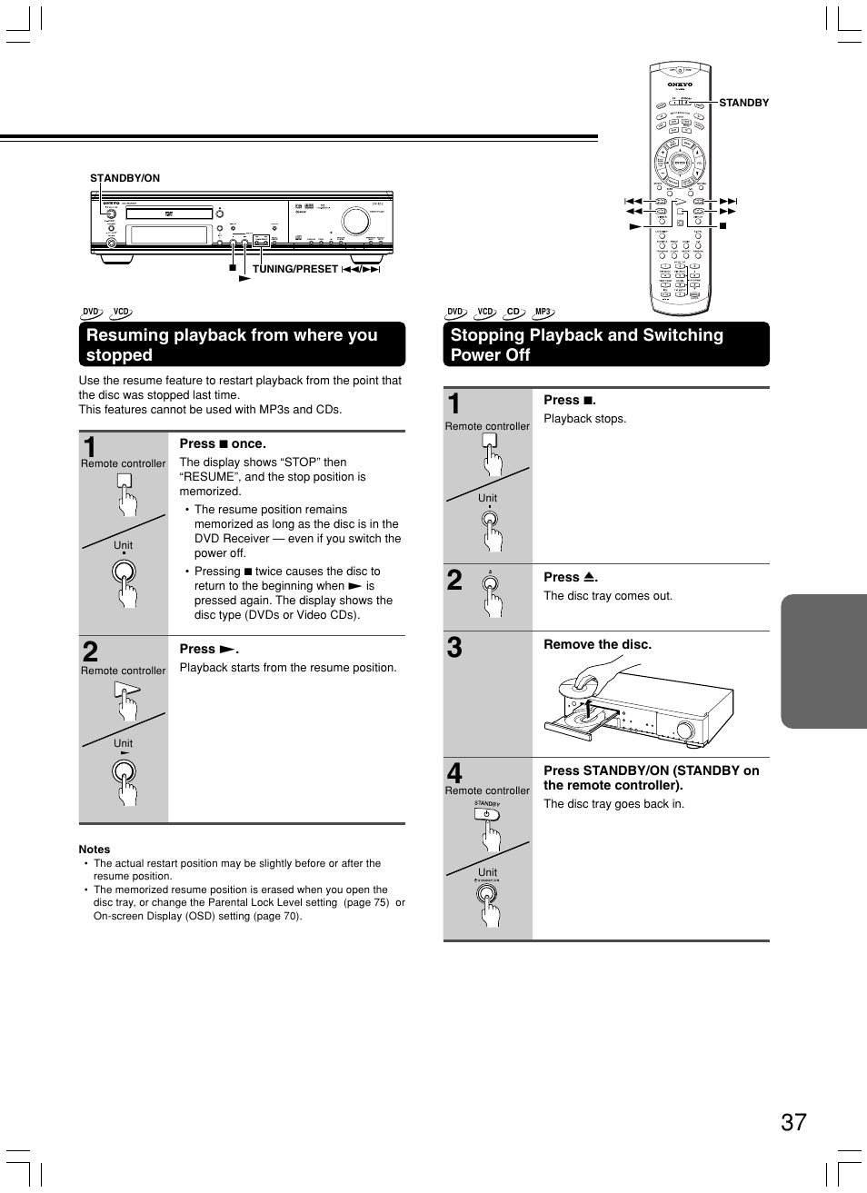 Resuming playback from where you stopped, Stopping playback and switching power off | Onkyo DR-S2.2 User Manual | Page 37 / 88