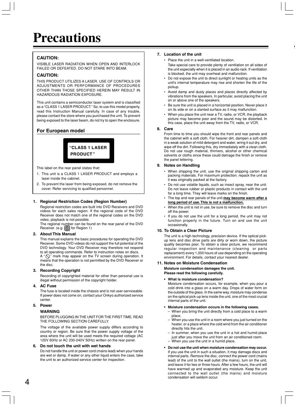 Precautions | Onkyo DR-S2.2 User Manual | Page 4 / 88