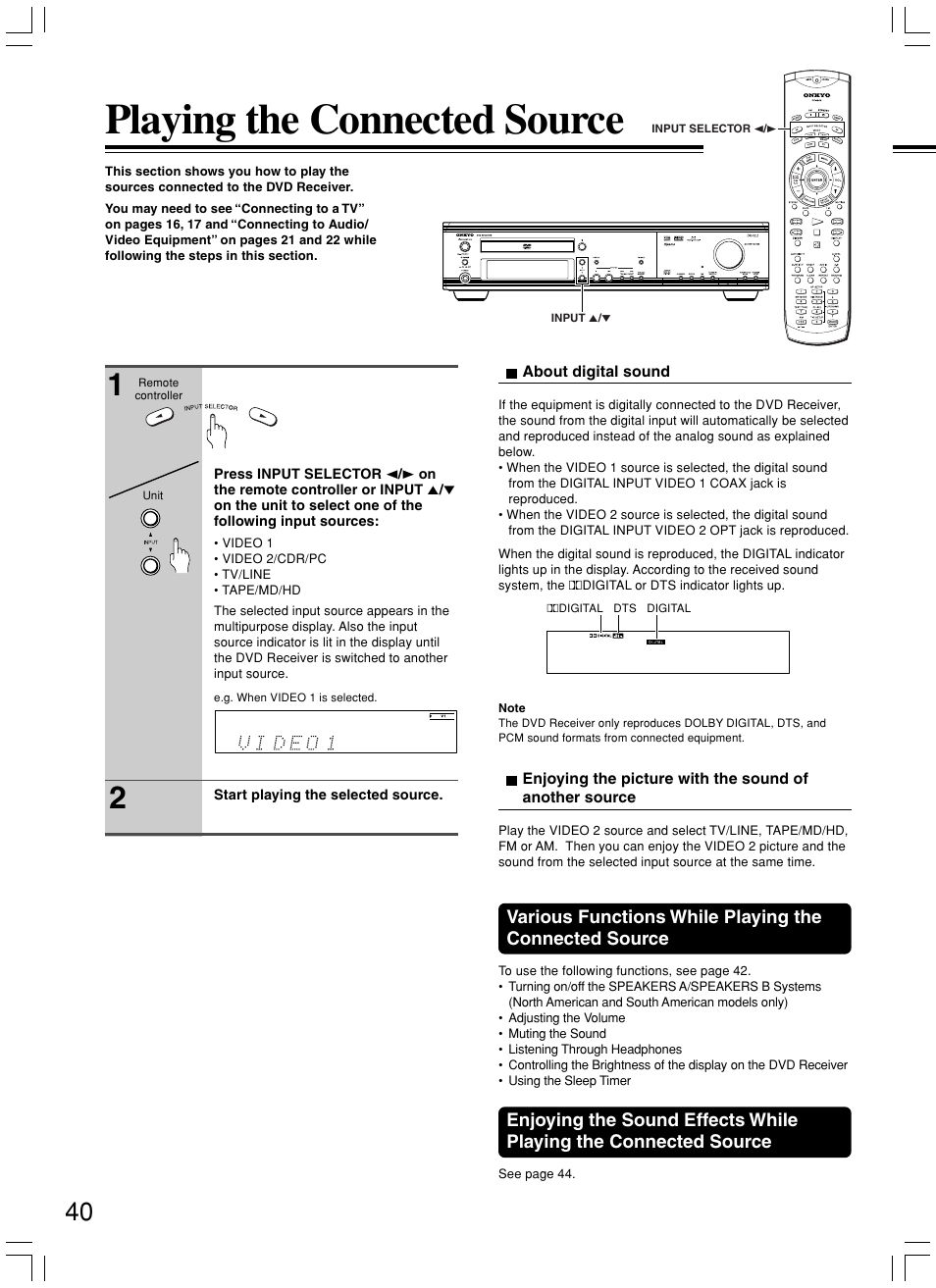 Playing the connected source | Onkyo DR-S2.2 User Manual | Page 40 / 88