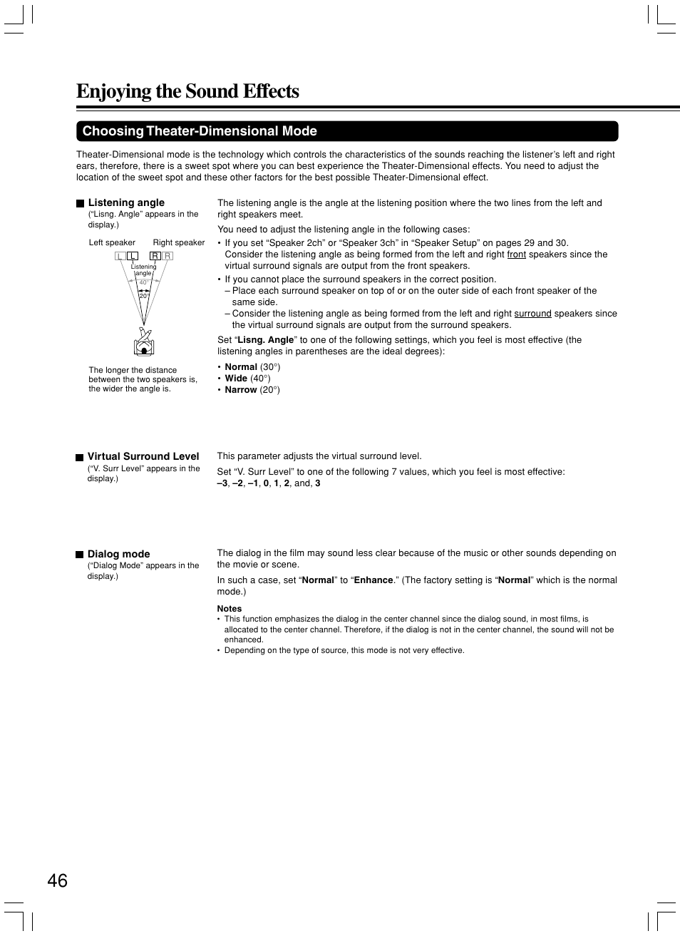 Enjoying the sound effects, Choosing theater-dimensional mode | Onkyo DR-S2.2 User Manual | Page 46 / 88