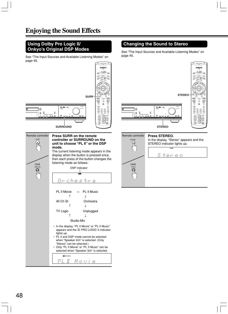 Enjoying the sound effects, Changing the sound to stereo | Onkyo DR-S2.2 User Manual | Page 48 / 88