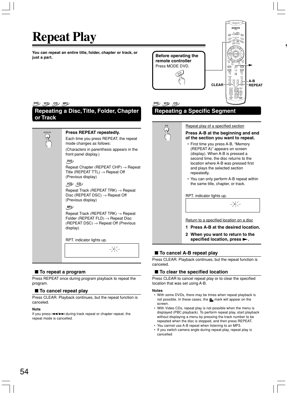 Repeat play, Repeating a disc, title, folder, chapter or track, Repeating a specific segment | Onkyo DR-S2.2 User Manual | Page 54 / 88